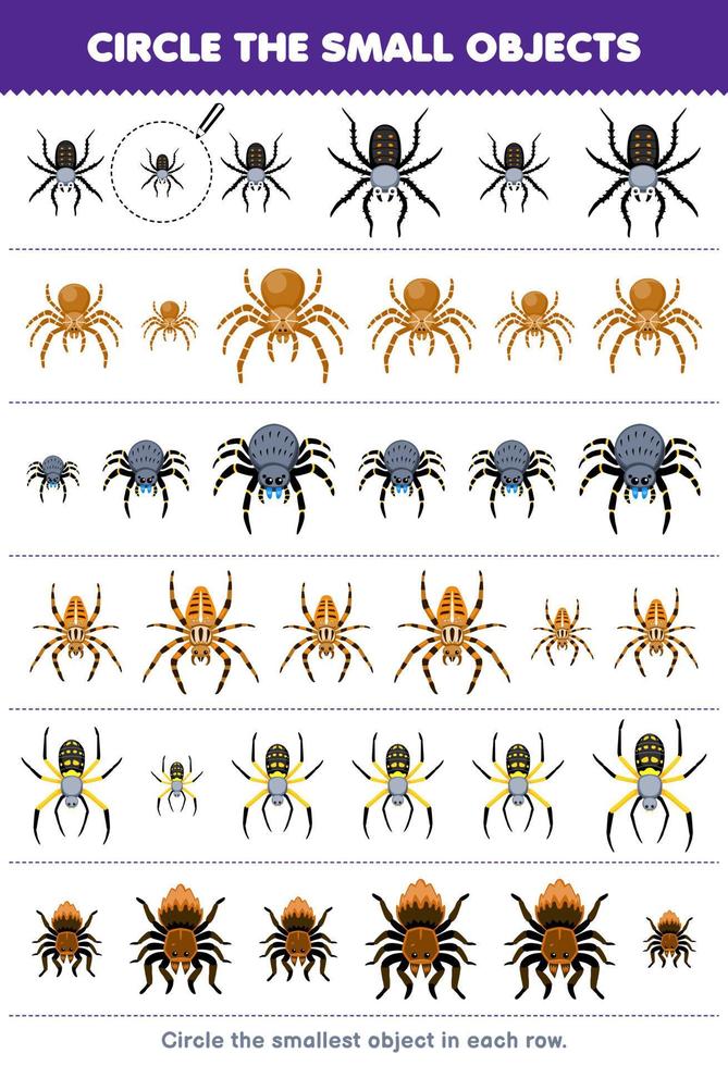 formazione scolastica gioco per bambini cerchio il il più piccolo oggetto nel ogni riga di carino cartone animato ragno stampabile insetto foglio di lavoro vettore