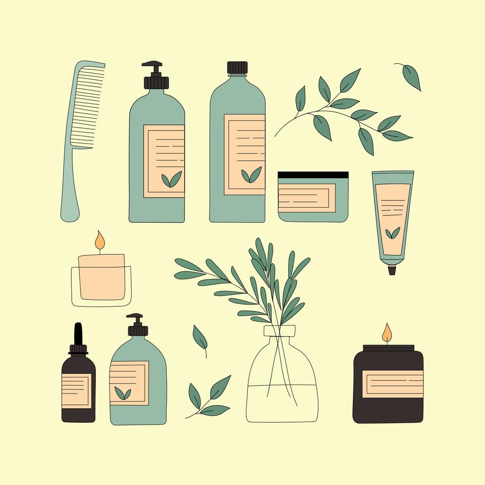 biologico cosmetico confezione grande impostare. donna roba, eco ragazze accessorio concetto. naturale viso cura prodotti. piatto mano disegnato vettore scarabocchio. vettore illustrazione