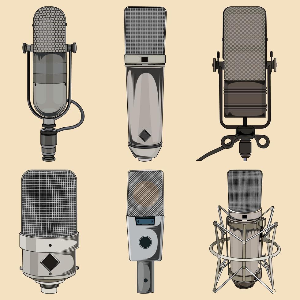 Vintage ▾ microfoni impostato vettore, retrò microfoni impostato azione illustrazione vettore