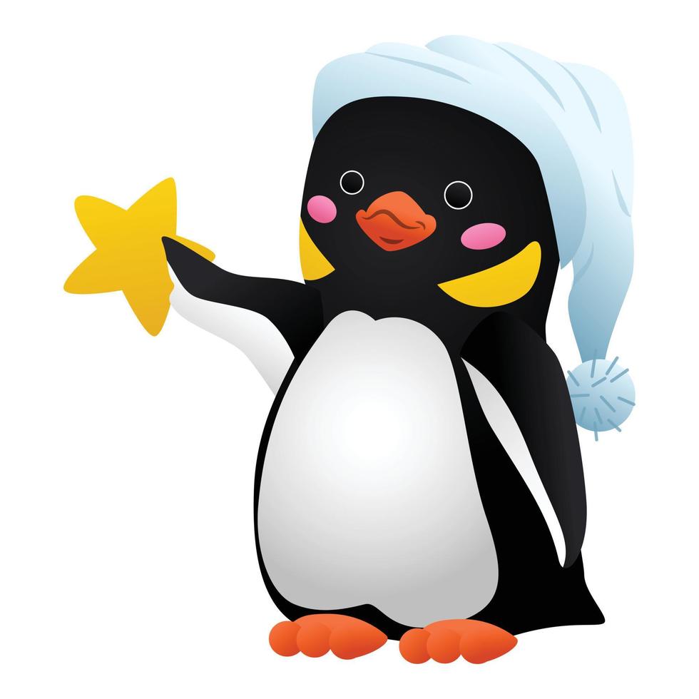 pinguino con stella icona, cartone animato stile vettore