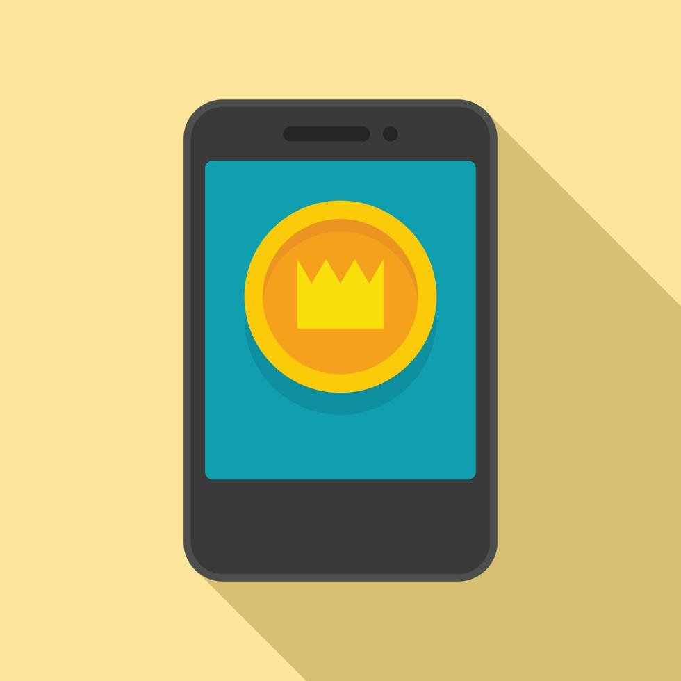 smartphone video gioco oro corona moneta icona, piatto stile vettore