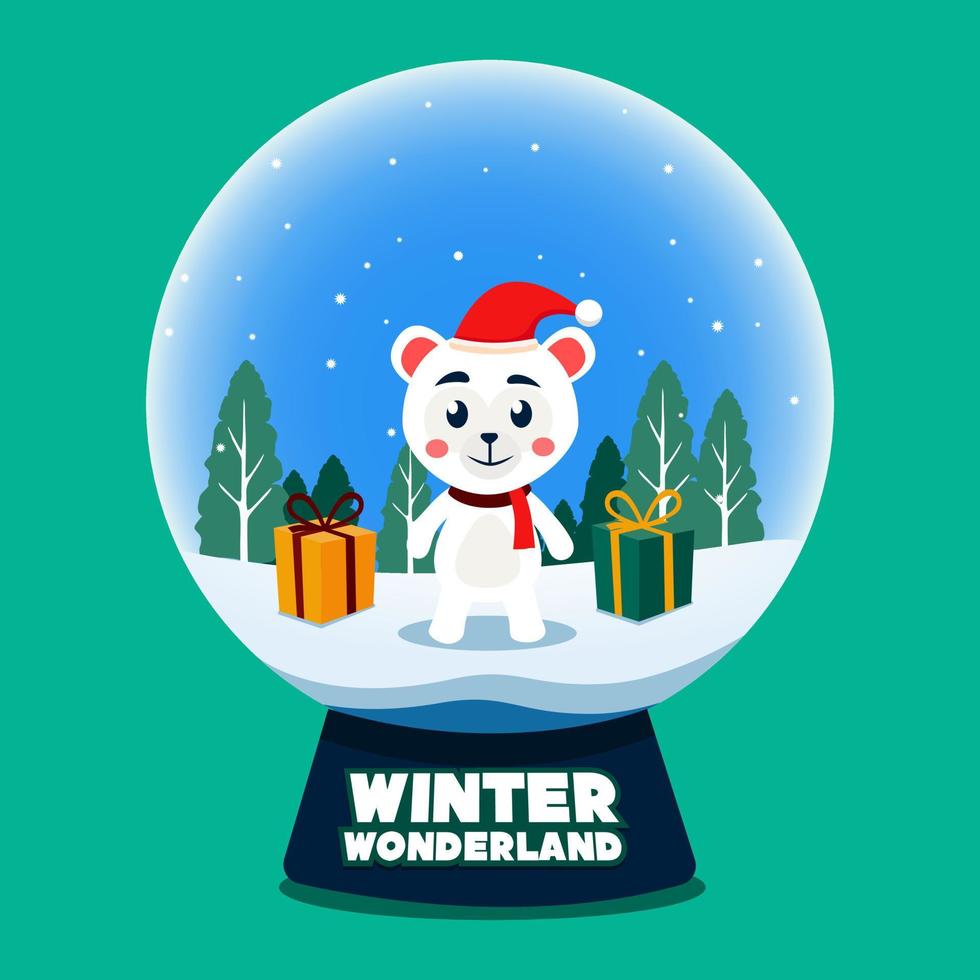 neve globo con polare orso e scatola regalo per inverno Paese delle meraviglie vettore