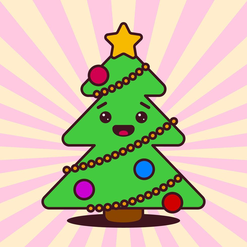 kawaii Natale albero con sorridente viso, stella e palline vettore