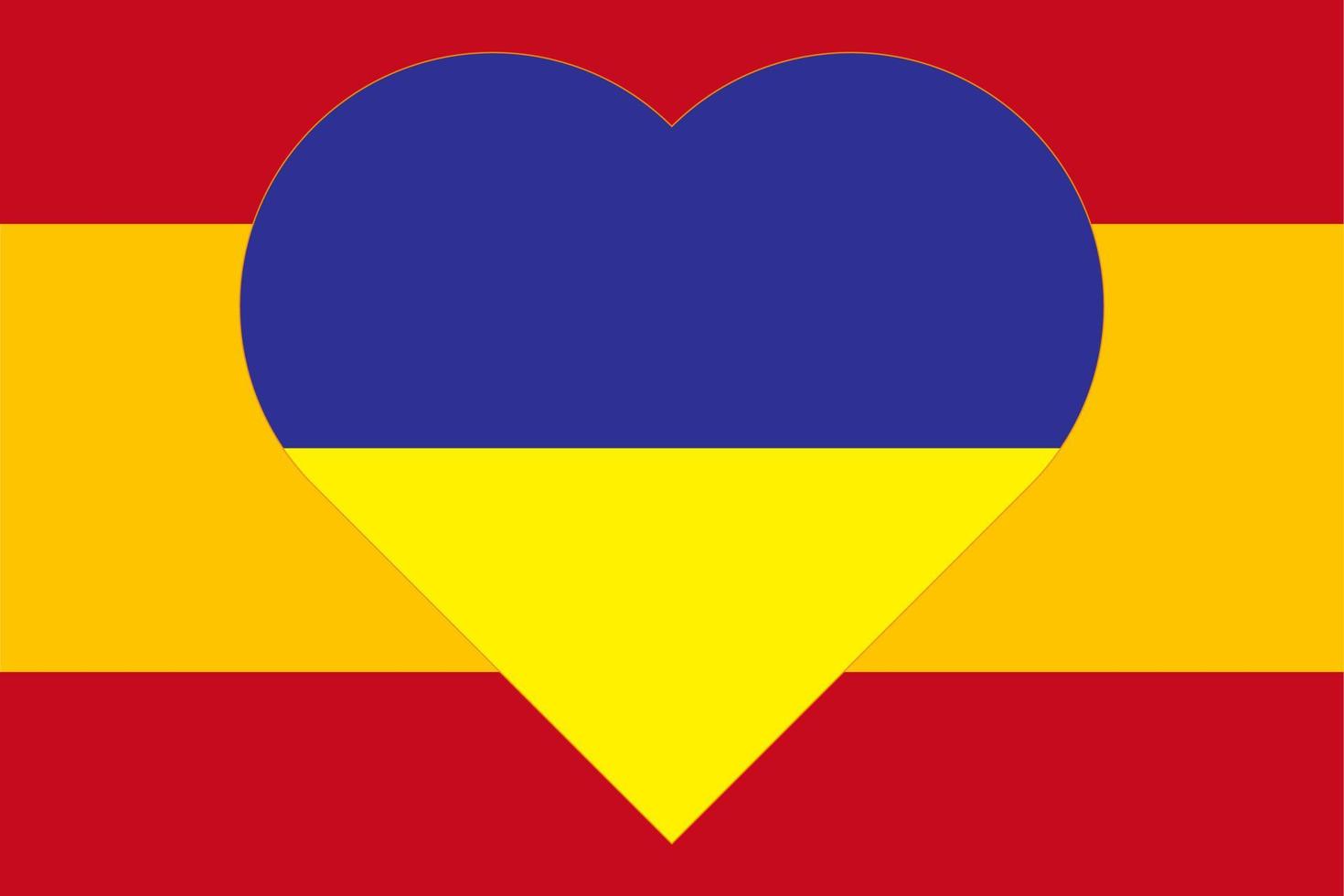 un' cuore dipinto nel il colori di il bandiera di Ucraina su il bandiera di Spagna. vettore illustrazione di un' blu e giallo cuore su il nazionale simbolo.