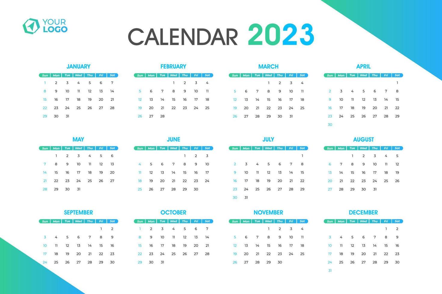 2023 calendario modello, modificabile vettore