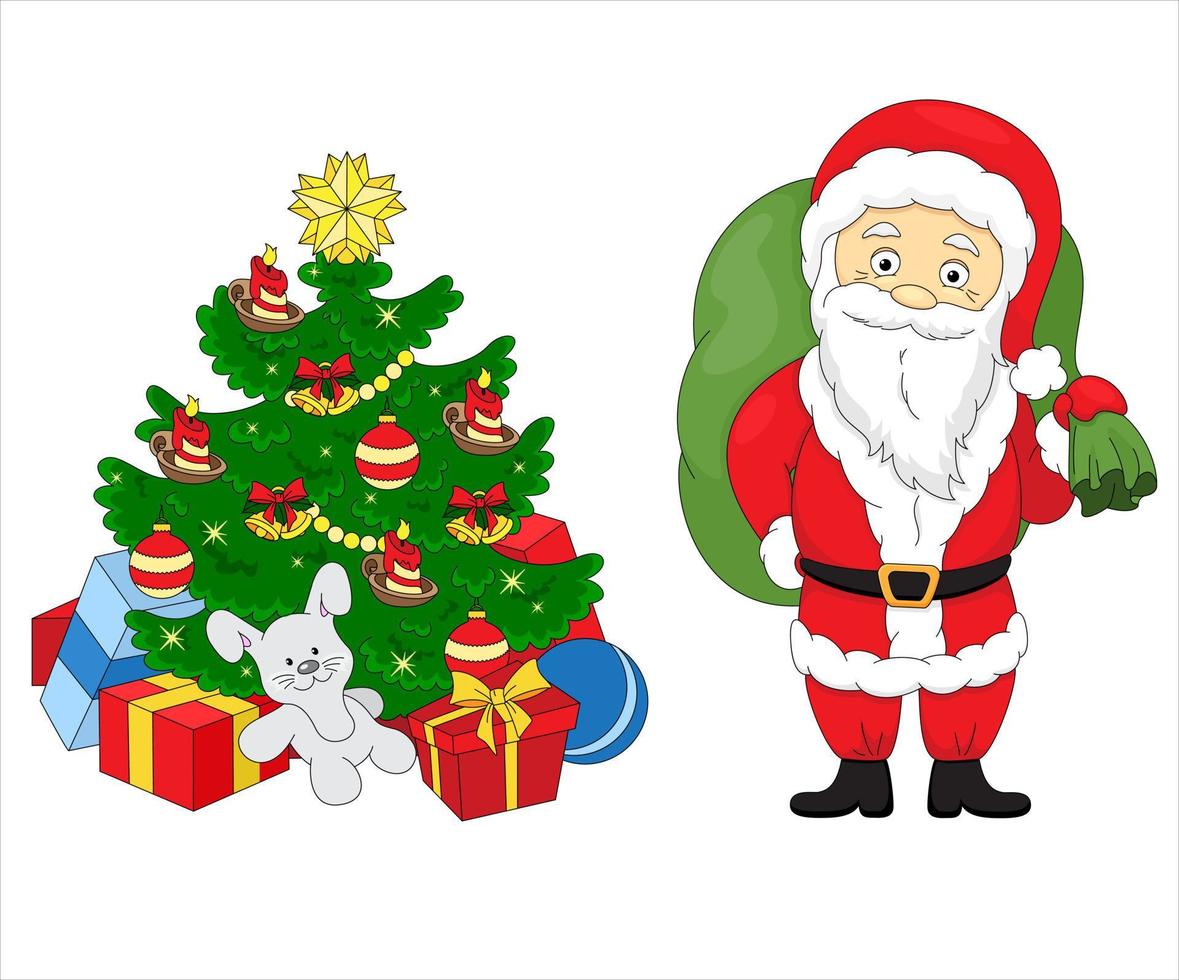 cartone animato vettore illustrazioni di Santa Claus e decorato Natale albero con regali. inverno vacanze design elementi isolato su bianca. divertente e carino retrò carattere. per nuovo anno carte, banner
