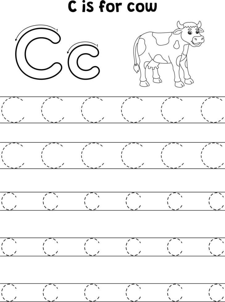 mucca animale tracciato lettera abc colorazione pagina c vettore