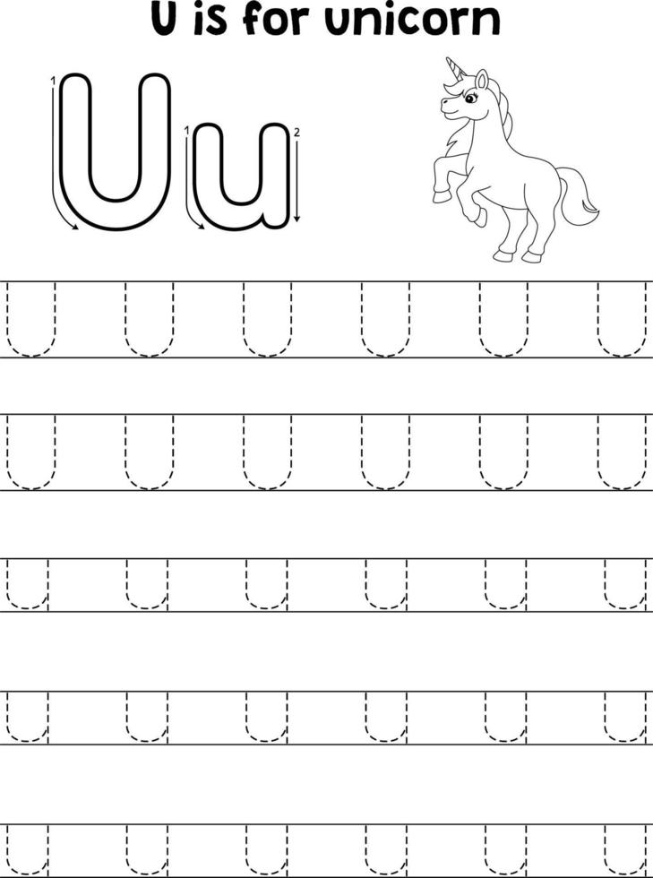 unicorno animale tracciato lettera abc colorazione pagina u vettore