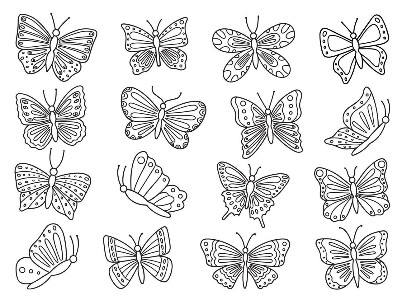 farfalle scarabocchio impostare. volante insetti nel schizzo stile. mano disegnato vettore illustrazione isolato su bianca sfondo