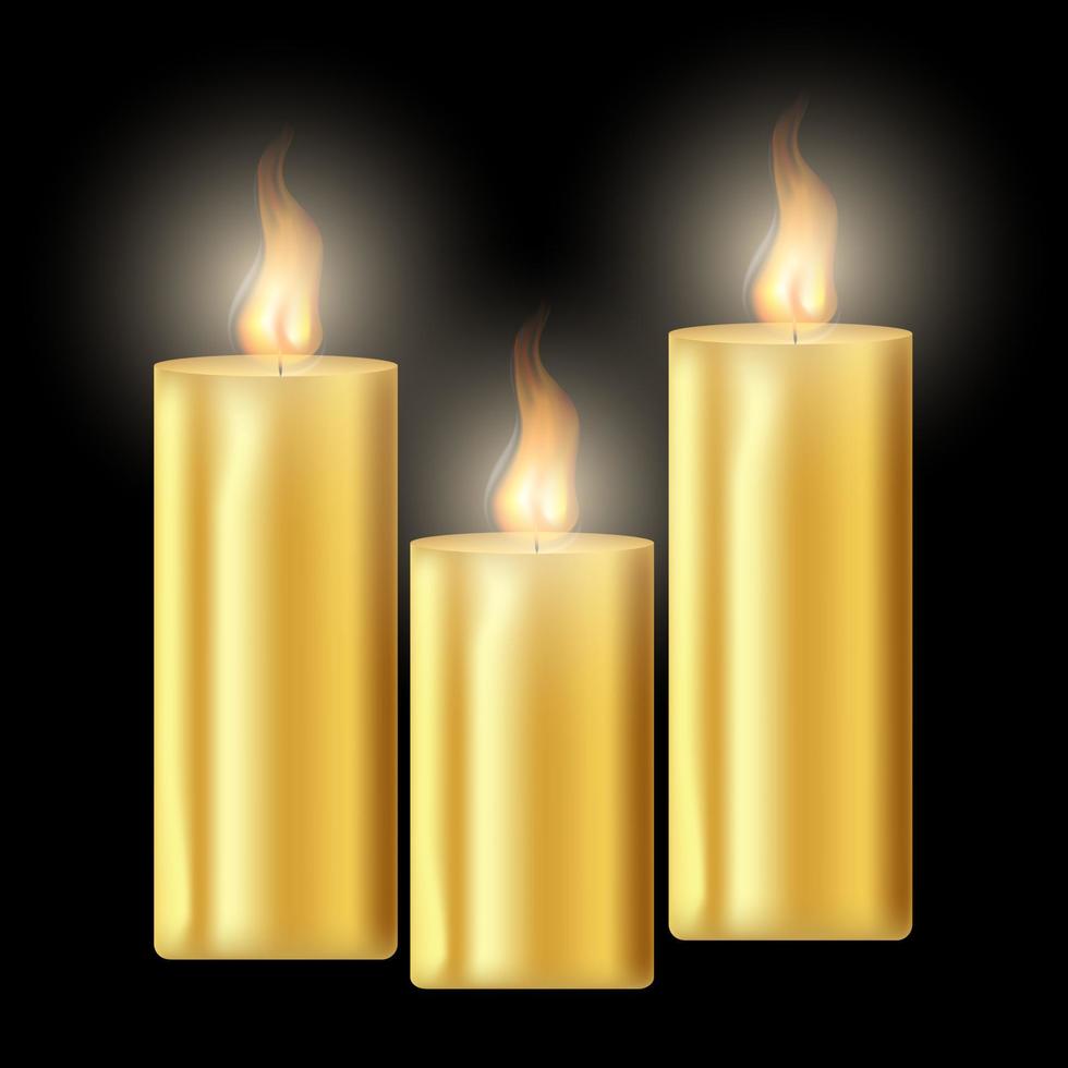 d'oro candele. vettore 3d realistico isolato il giro candela bastoni con ardente fiamme su trasparente sfondo. nozze, compleanno vacanza luccicante decorazione elemento disegno.vettore illustrazione