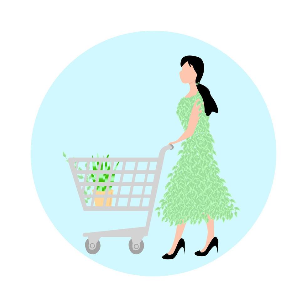 donne con shopping carrello con pianta.donne vestito a partire dal impianti .rispetto per natura.vettore illustrazione vettore