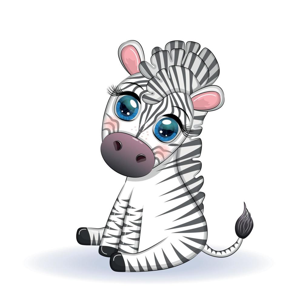 carino cartone animato zebra è seduta e agitando suo coda. figli di carattere. vettore