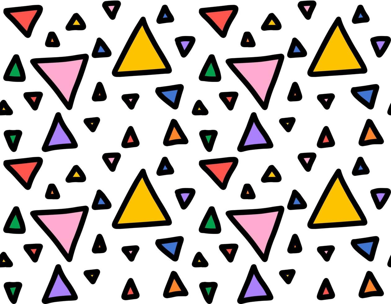 senza soluzione di continuità modello con arcobaleno colorato triangoli su bianca sfondo. divertente festivo vettore illustrazione nel stile di i fumetti e disegno a mano. colorato scarabocchio figure. astratto geometrico fondale