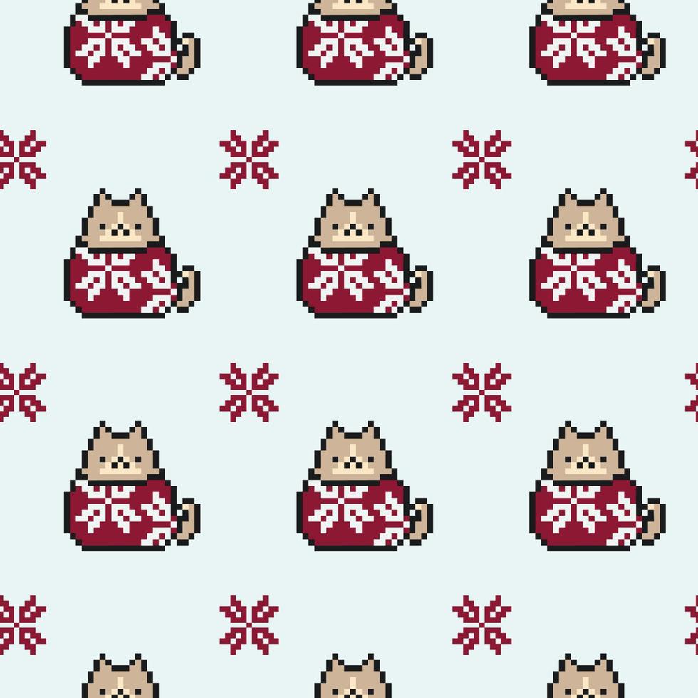 Natale e nuovo anno senza soluzione di continuità modello con un' carino 8 bit gatto nel un' rosso maglione con un' fiocco di neve. pixel arte. festivo sfondo modello per involucro carta, cartoline, tessili, tessuto, confezione vettore