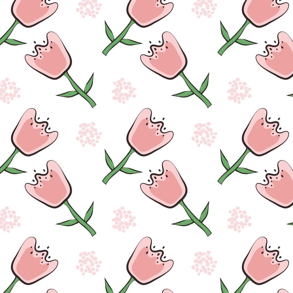 modello con mano disegnato fiori nel infantile piatto stile. carino floreale vettore sfondo. rosa tulipani nel scarabocchio stile su bianca sfondo per design e decorazione, confezione carta, tessuti.