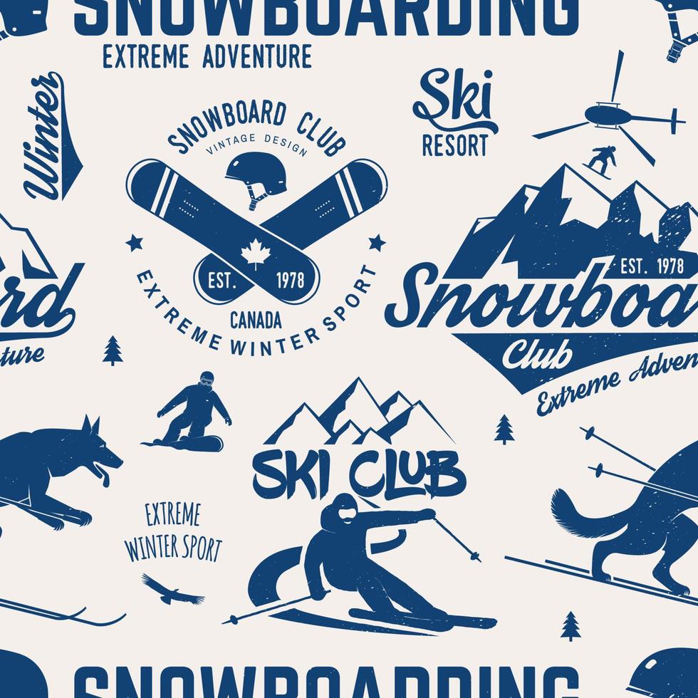 sciare e Snowboard club senza soluzione di continuità modello. vettore illustrazione.