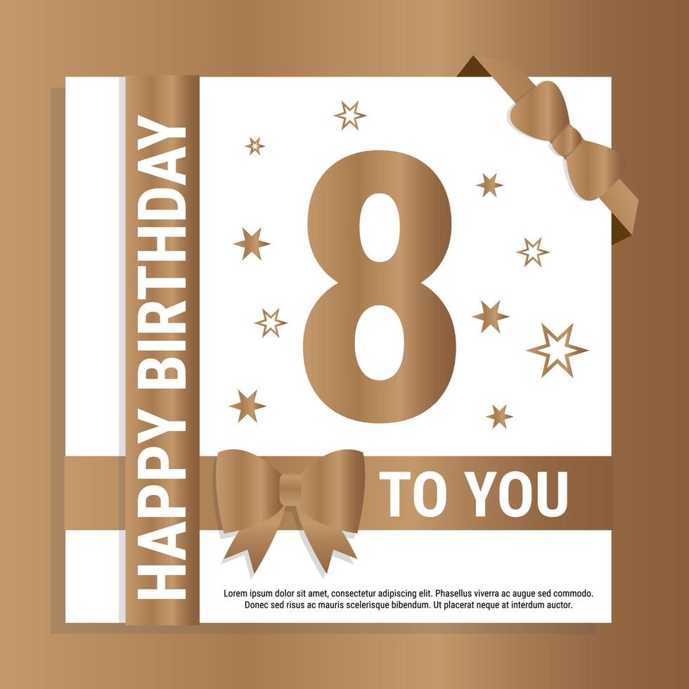 contento 8 ° compleanno. oro numeri e luccicante oro nastri. festivo sfondo. decorazione per festa evento, saluto carta e invito, design modello per compleanno celebrazione. eps10 vettore