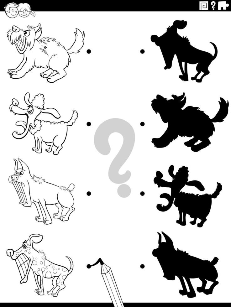 gioco di ombre con la pagina da colorare di cani comici vettore