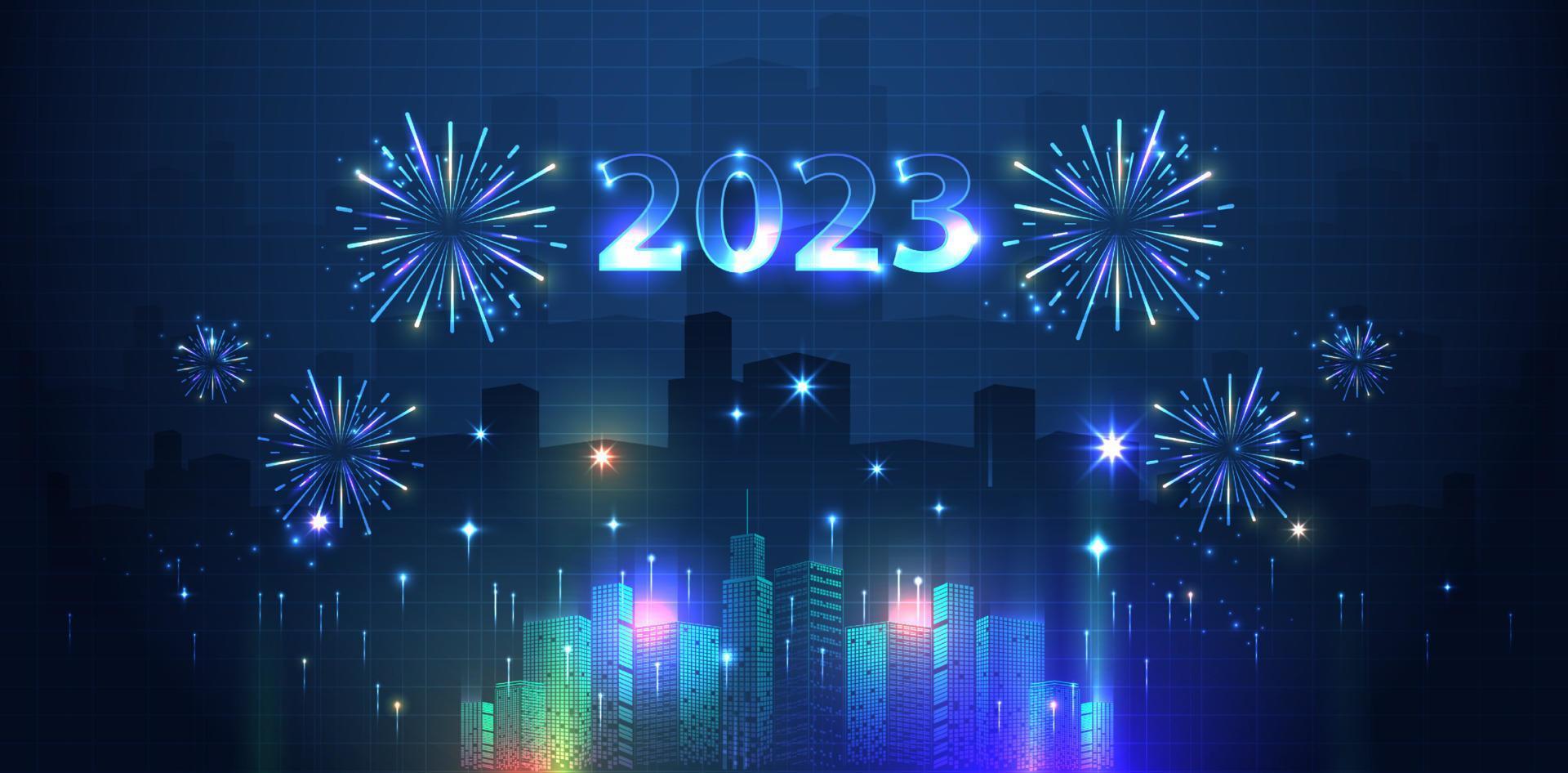 2023 contento nuovo anno città e fuochi d'artificio nel il cielo sopra sfondo. vecter design. vettore