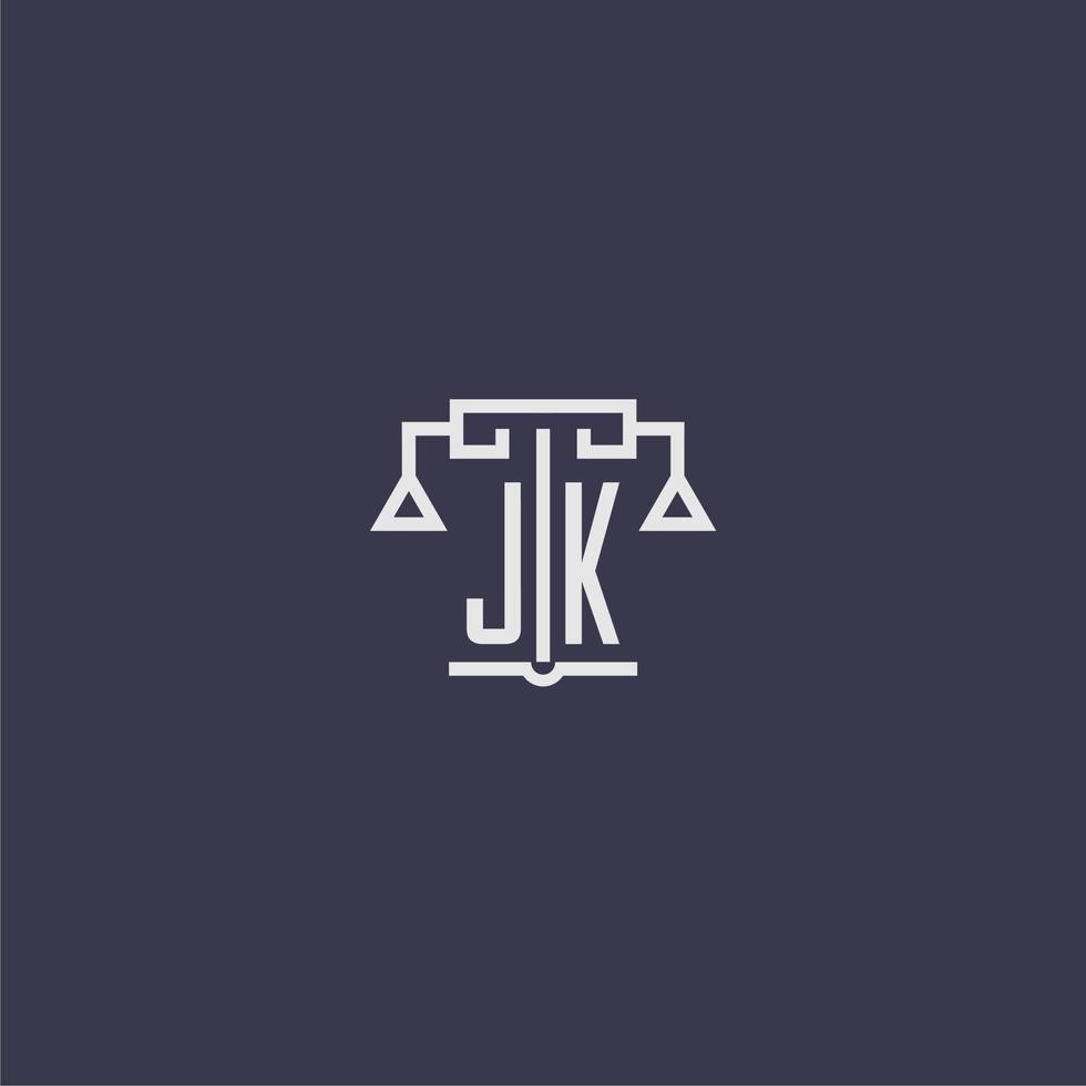 jk iniziale monogramma per studio legale logo con bilancia vettore Immagine