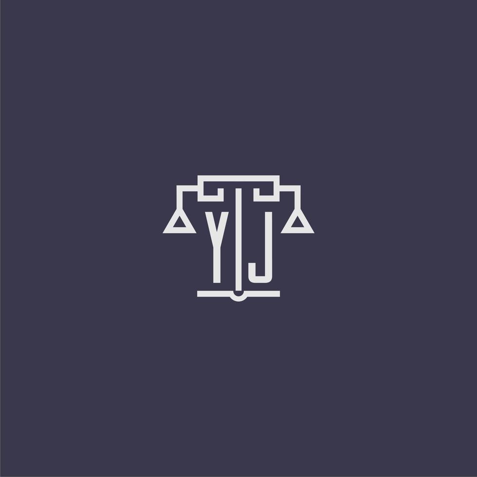 yj iniziale monogramma per studio legale logo con bilancia vettore Immagine