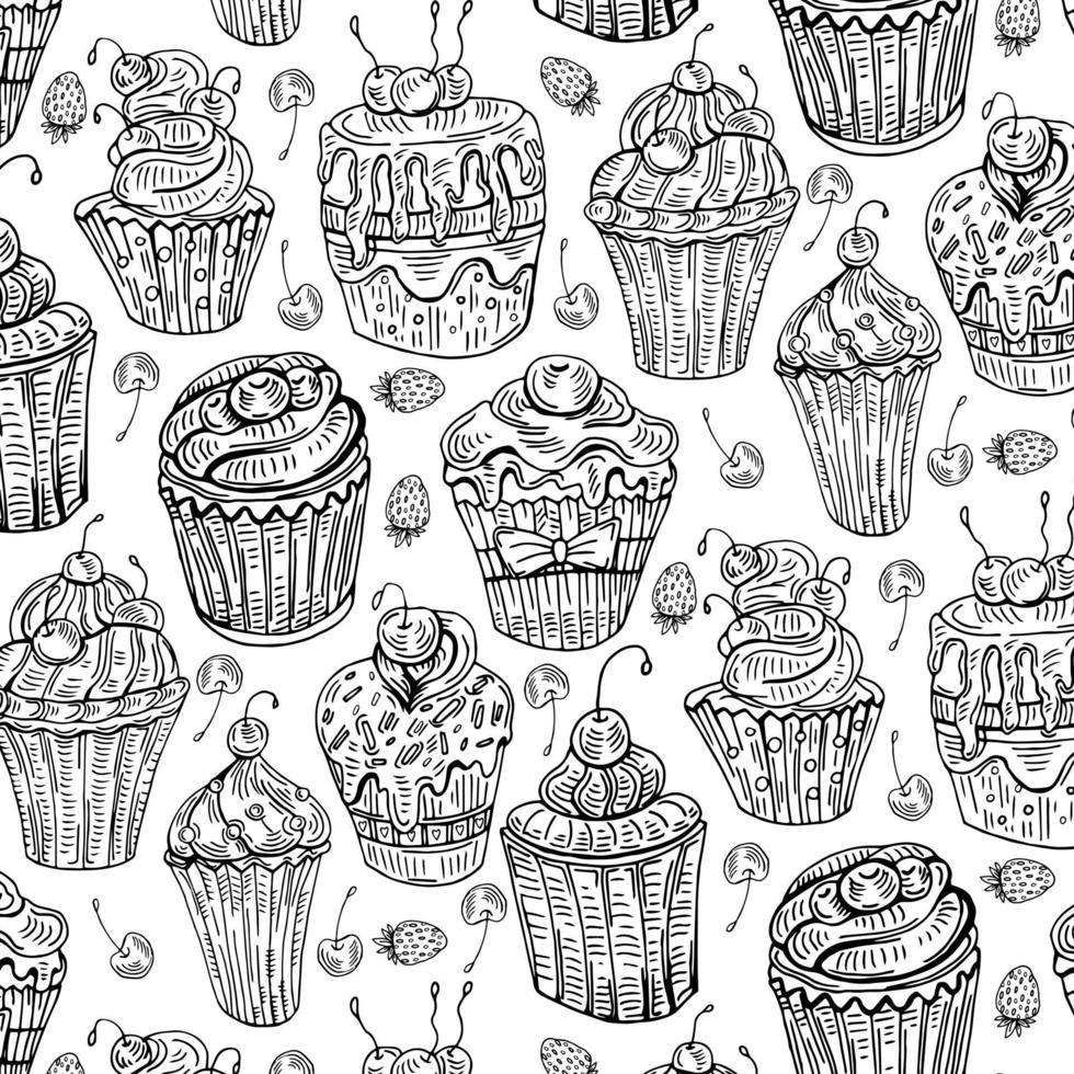 vettore modello con mano disegnato dolce cupcakes su bianca sfondo