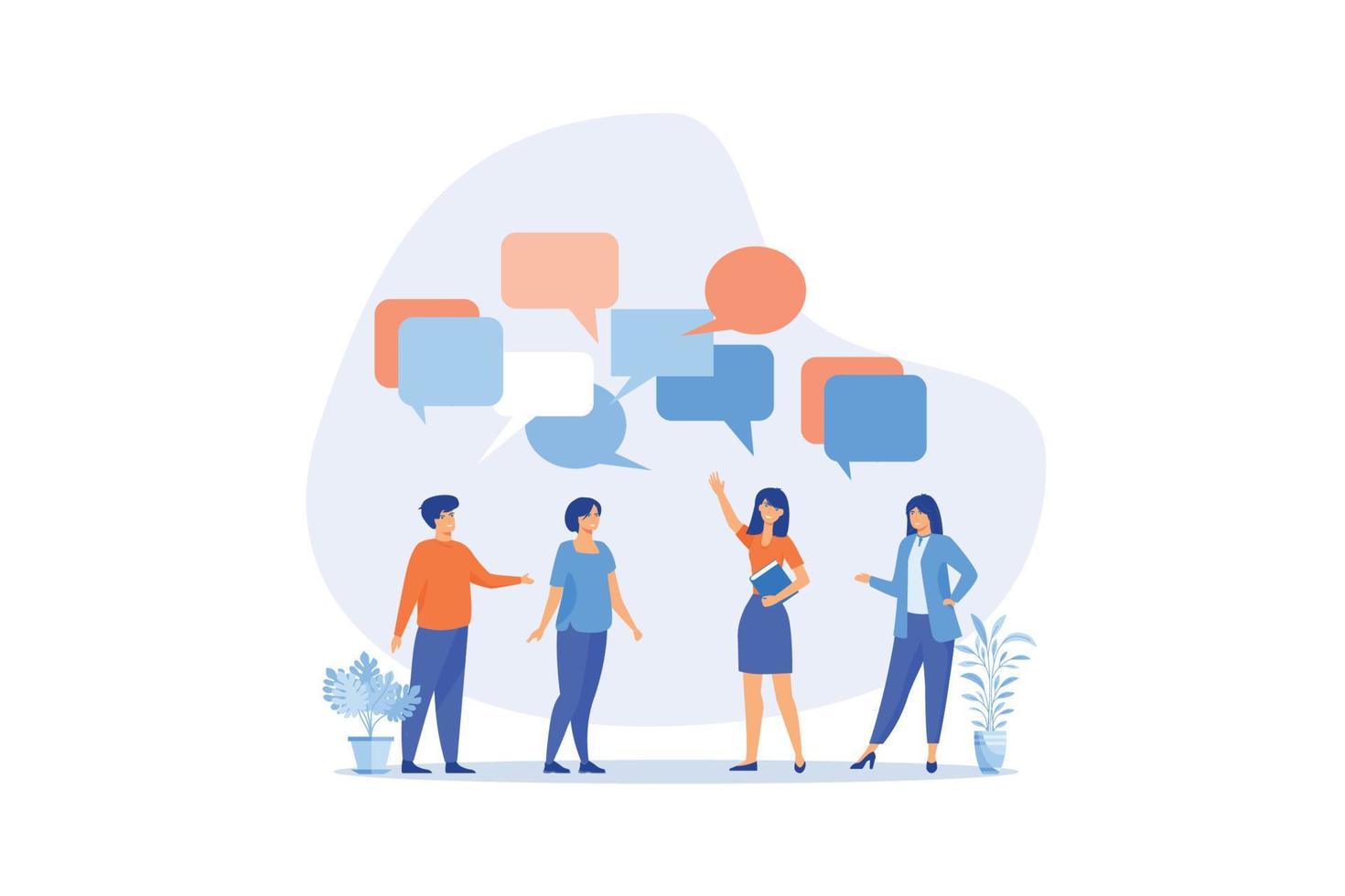 discussione, conversazione o di brainstorming per idea, incontro, discussione o squadra comunicazione, collega chattare, opinione concetto, piatto vettore moderno illustrazione