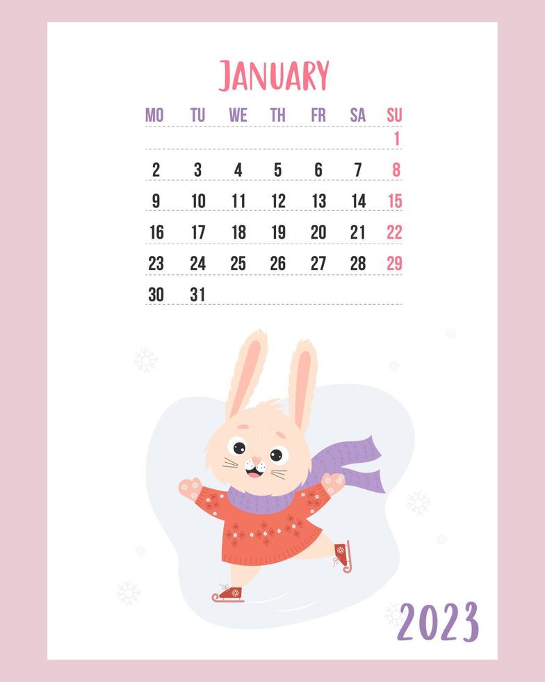 gennaio 2023 calendario. carino inverno coniglietto nel a maglia Abiti è pattinando su bianca sfondo. 2023 anno coniglio è per Cinese zodiaco. vettore illustrazione. verticale modello. settimana a partire dal Lunedi nel inglese.