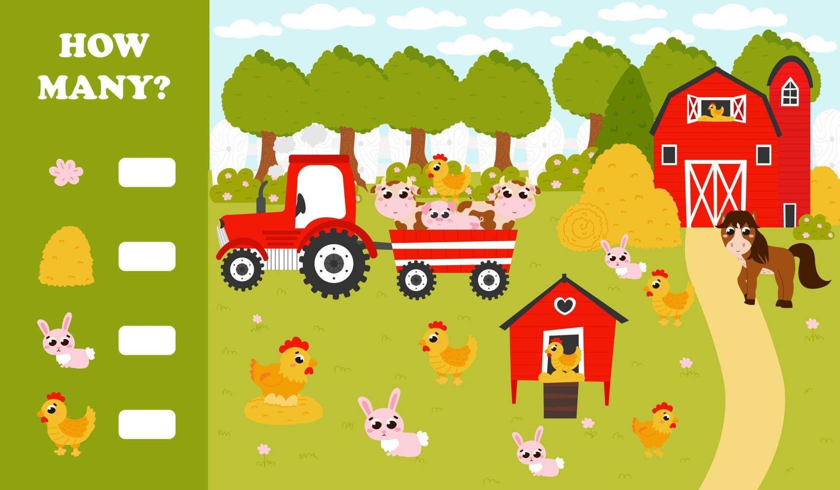 conteggio gioco per bambini con azienda agricola animali, fienile e giardino nel cartone animato stile, stampabile Come molti foglio di lavoro vettore