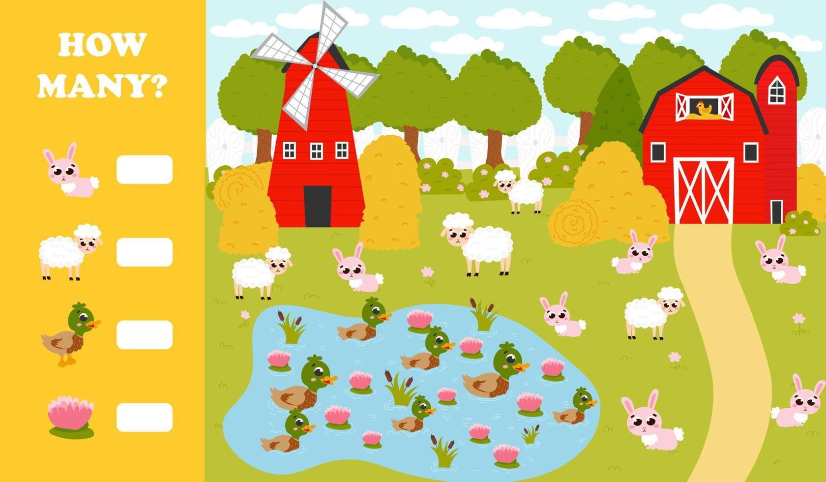 conteggio gioco per bambini con azienda agricola animali - pecore e conigli, stagno con anatre e acqua giglio, fienile e mulino a vento vettore