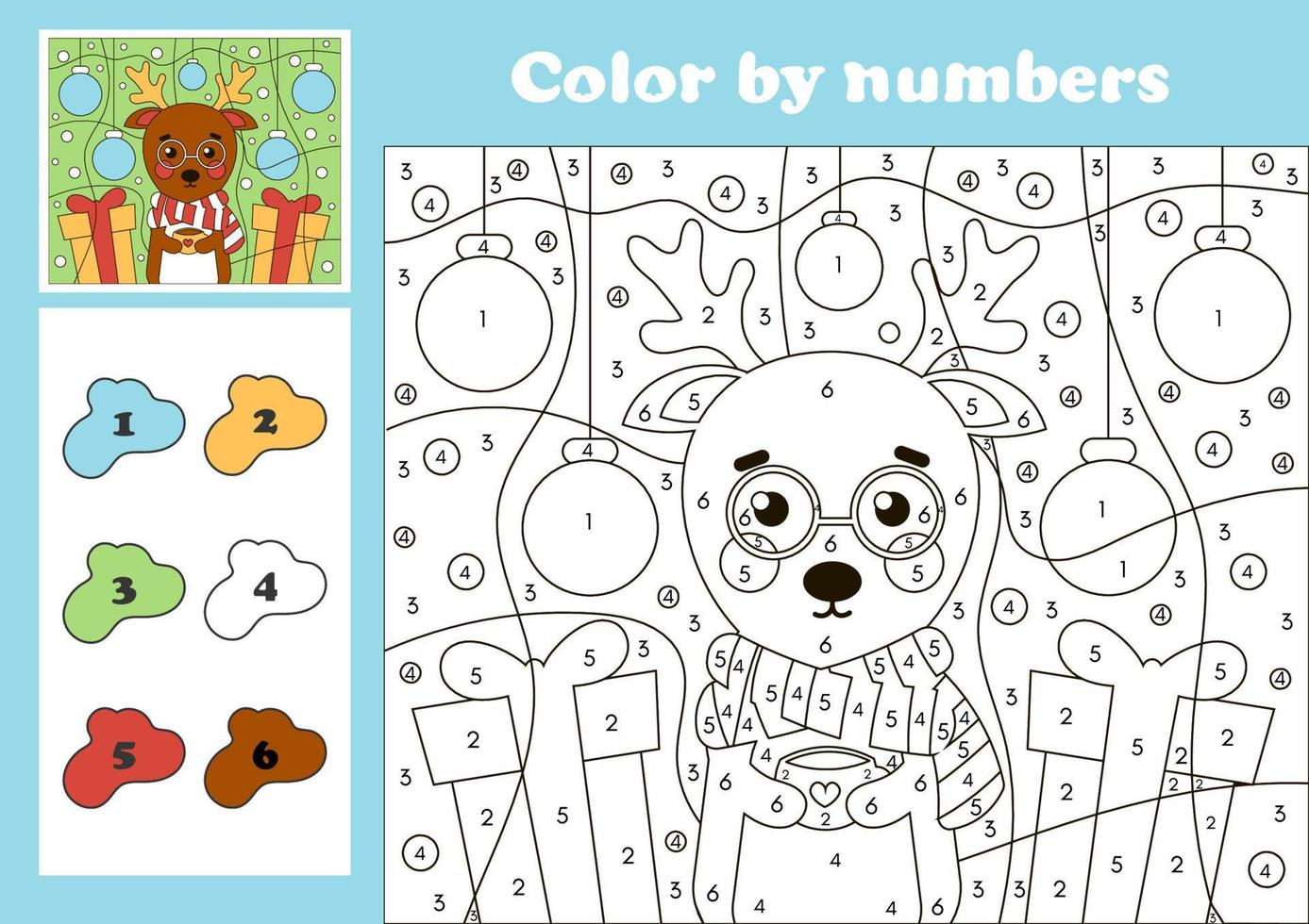 Natale numero colorazione pagina per bambini con carino cervo personaggio e ornamenti vettore
