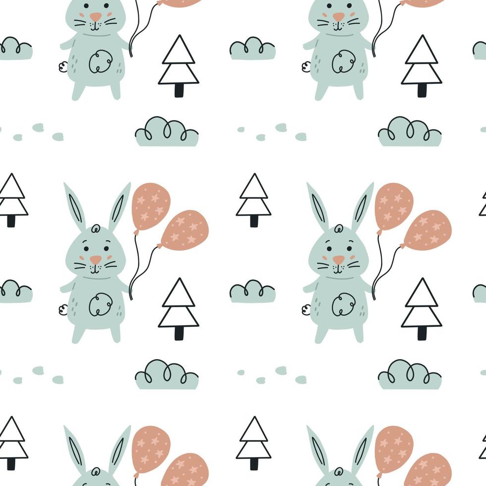 carino coniglio nel un' inverno foresta senza soluzione di continuità modello. scarabocchio coniglietto carta bambino doccia scandinavo sfondo sfondo. tessile tessuto design per bambini vettore