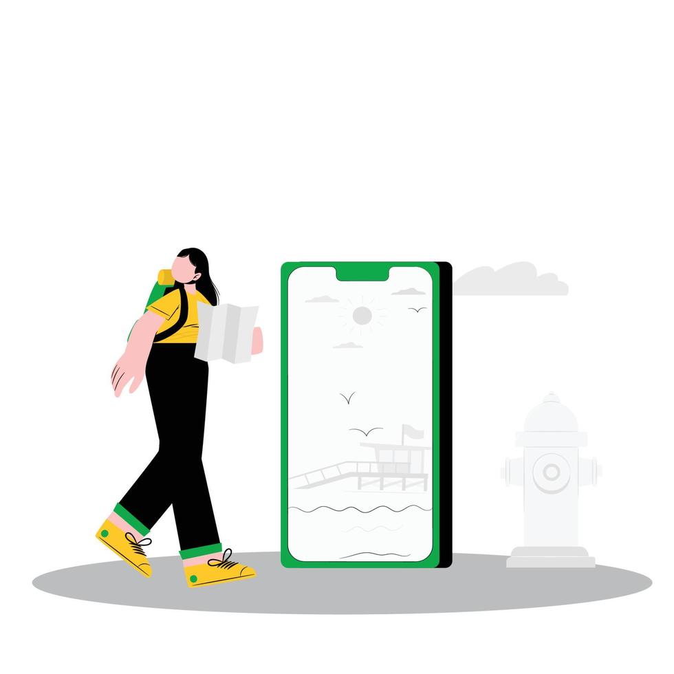 donna utilizzando mobile App per trova viaggio Posizione vettore