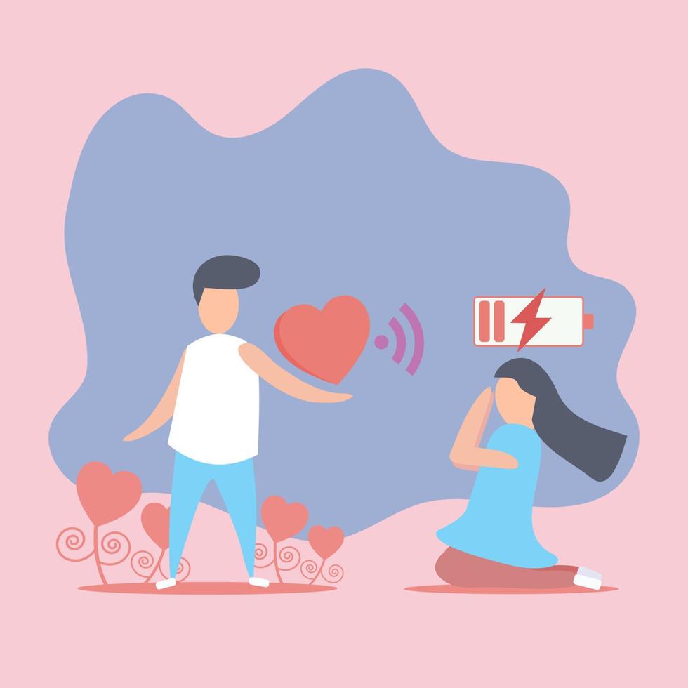 gioioso bello coppia caricare batteria con cuore per Ottimizzare amore nel San Valentino giorno striscione. decorazione per amore design per San Valentino giorno Festival rosa sfondo. vettore illustrazione carta arte stile.