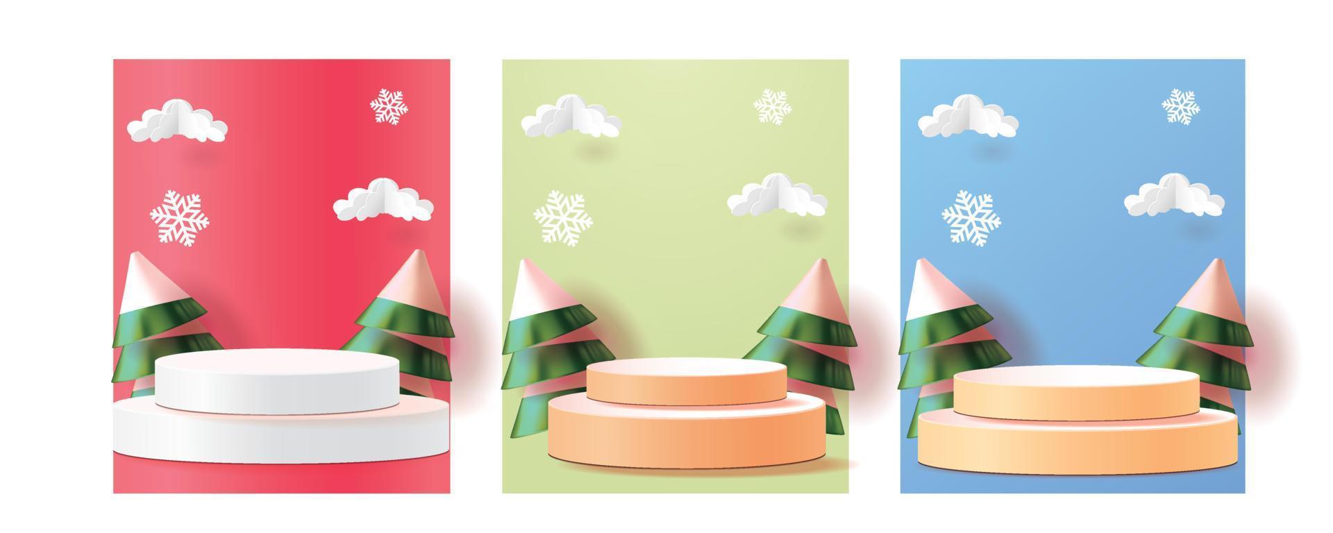 Natale inverno Prodotto podio i fiocchi di neve e neve vettore illustrazione vendita Prodotto bandiera foreste paesaggio carta 3d