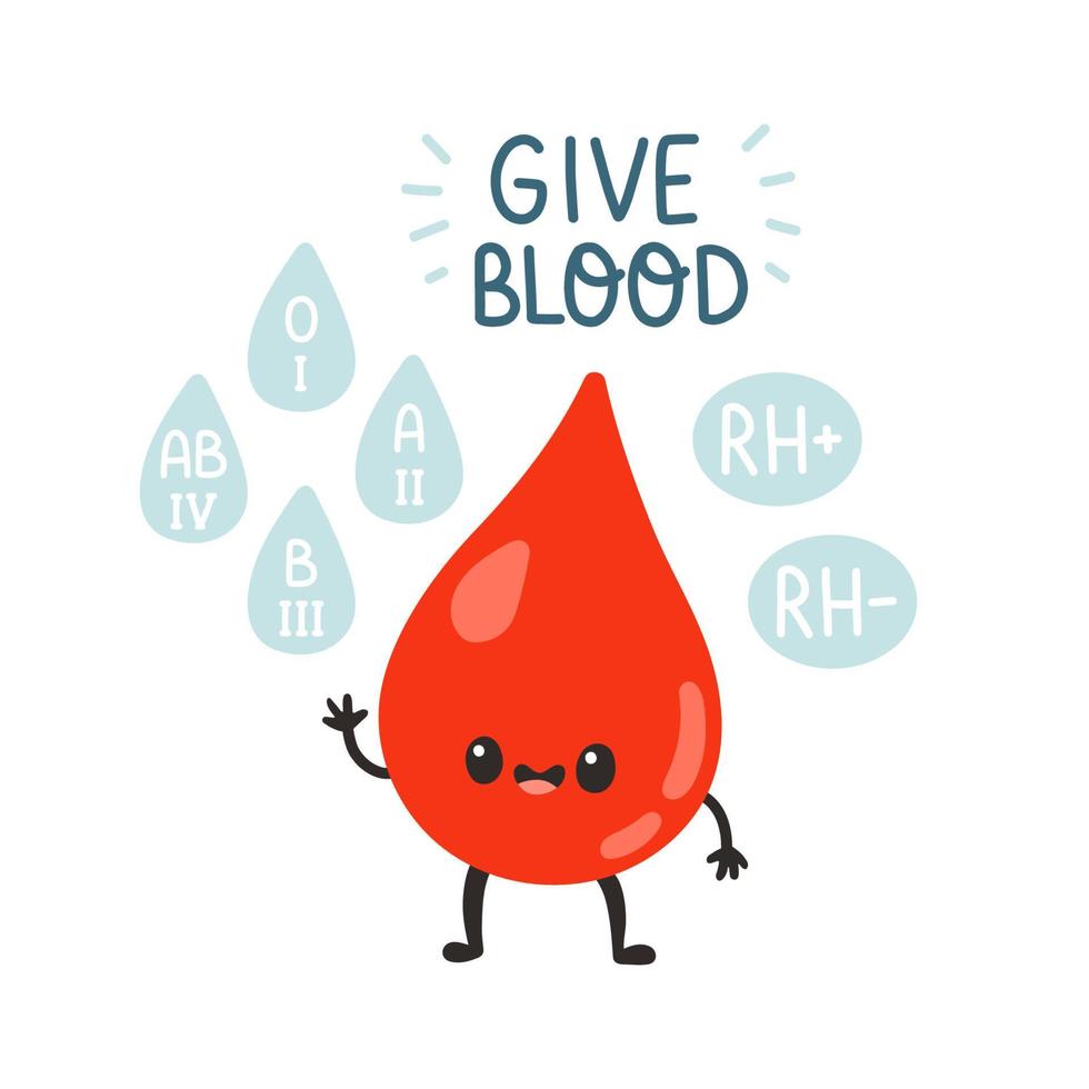 sangue donatore, carino sangue far cadere e scritta. mano disegnato vettore illustrazioni. donare sangue, Salute cura concetto