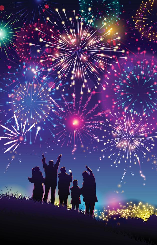 famiglia godendo un' nuovo anno fuochi d'artificio Festival a partire dal il collina concetto vettore