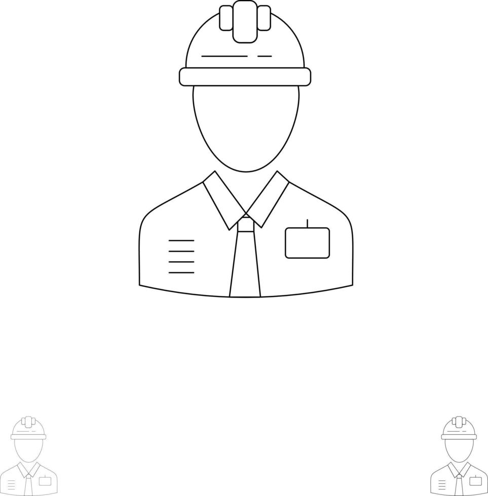 lavoratore industria costruzione costruttore lavoro duro e faticoso lavoro duro e faticoso grassetto e magro nero linea icona impostato vettore