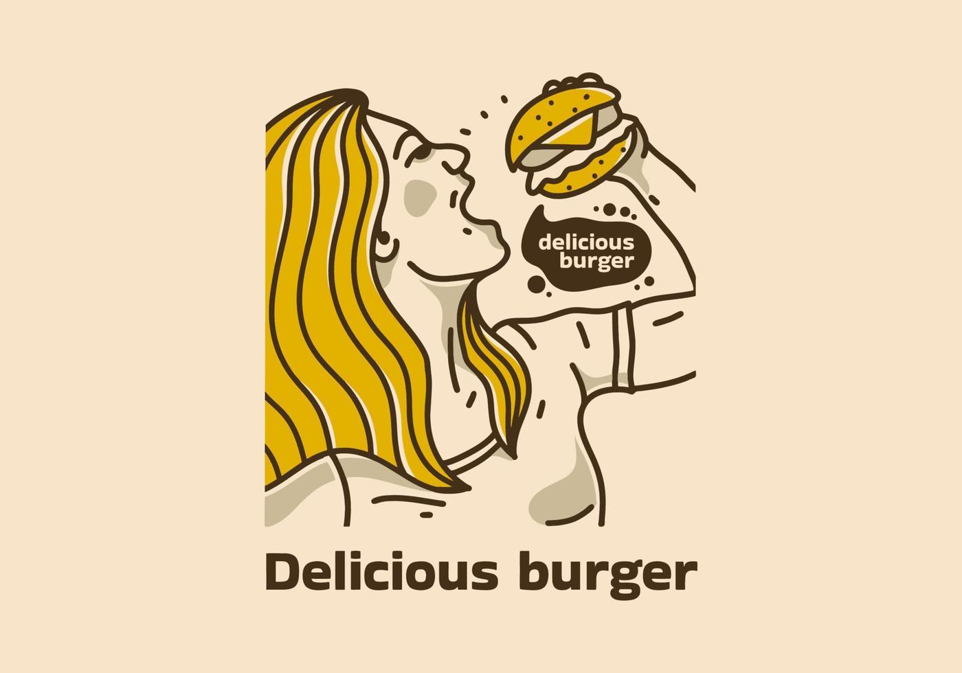 Vintage ▾ illustrazione di donna mangiare hamburger vettore