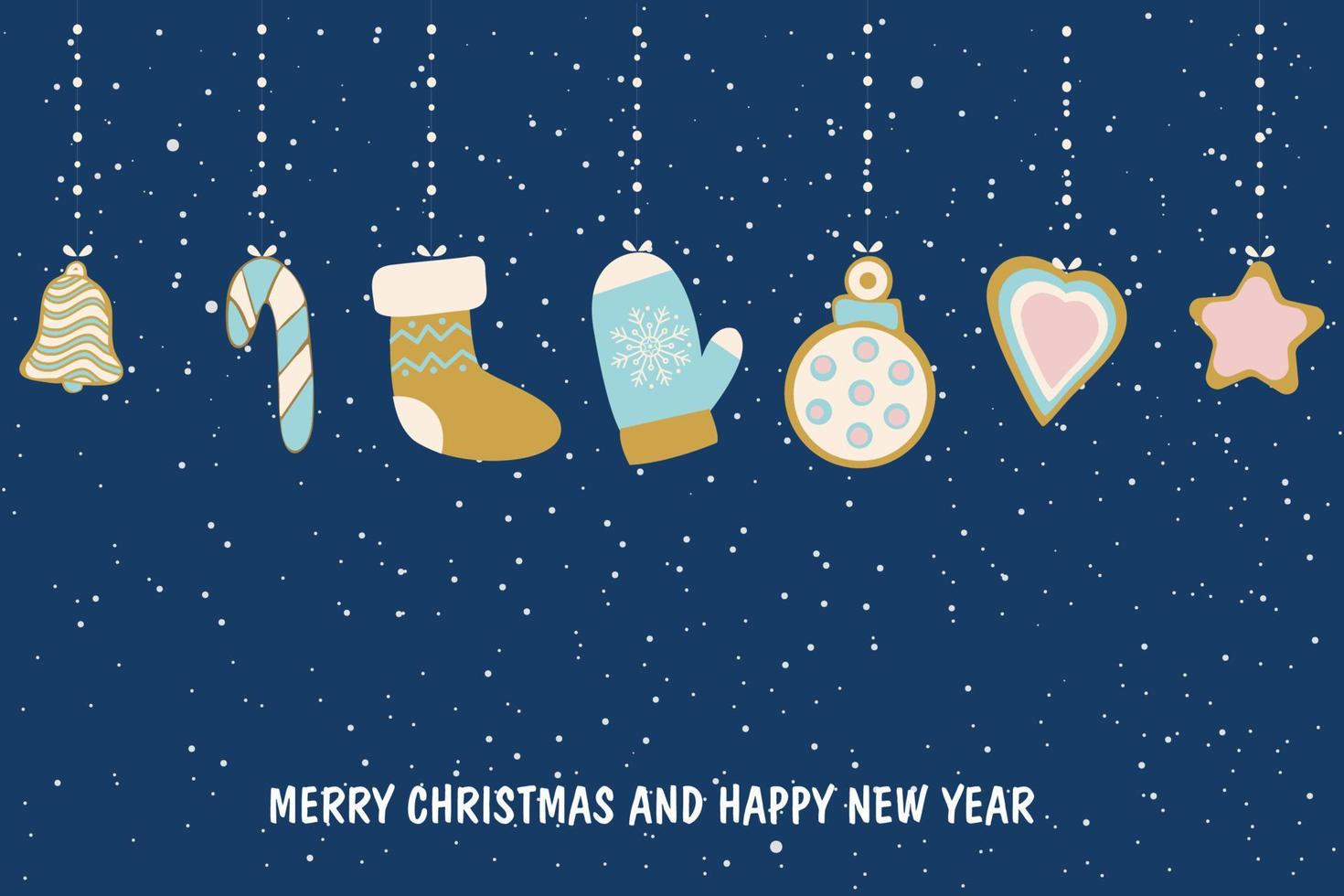 nuovo anni carta. sospeso Natale albero giocattoli nel il modulo di Zenzero biscotti. contento nuovo anno e Natale. vettore illustrazione isolato su un' blu sfondo