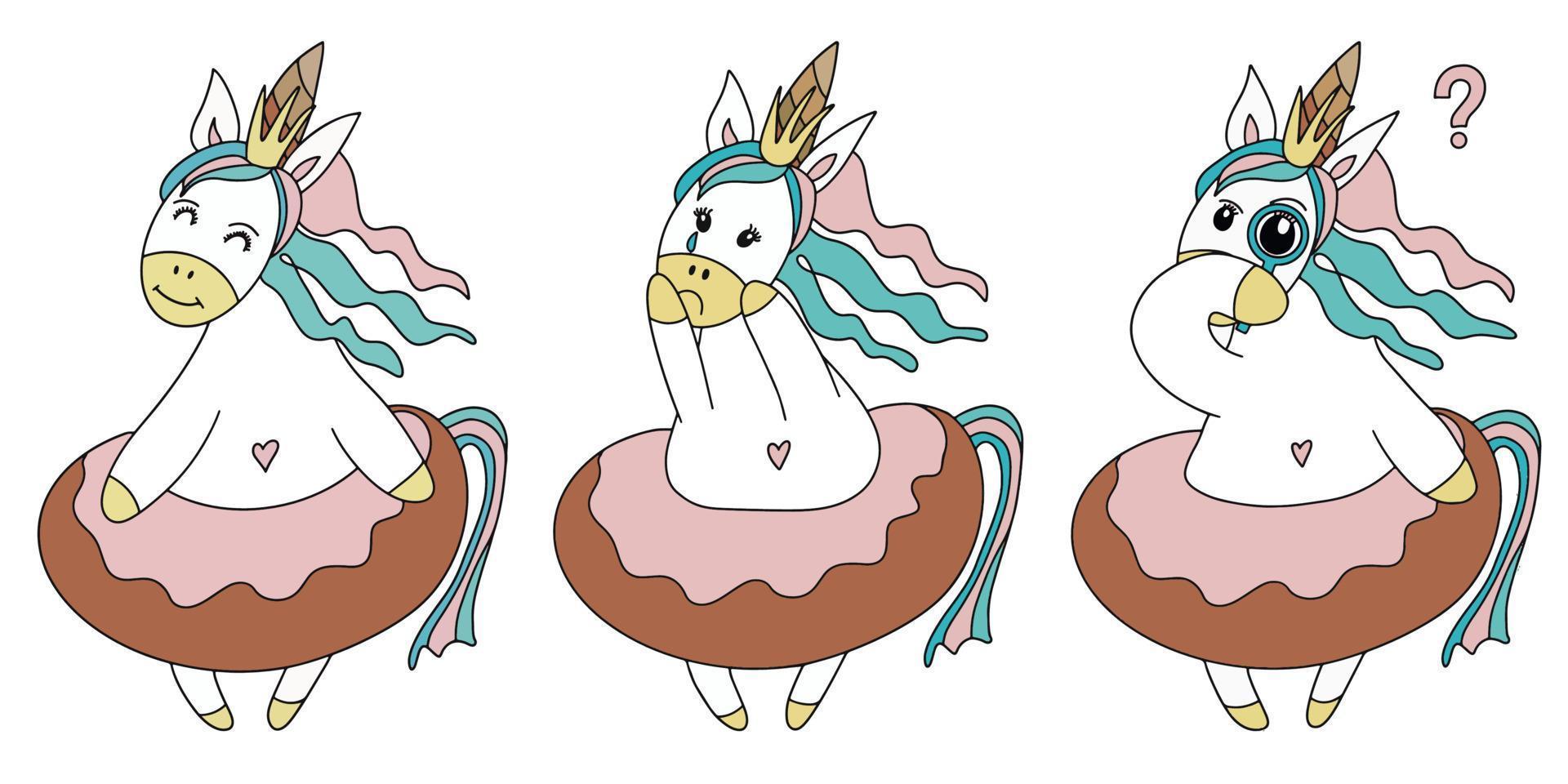 carino Principessa pony unicorno con diverso emozioni. colorato illustrazione isolato su bianca sfondo vettore