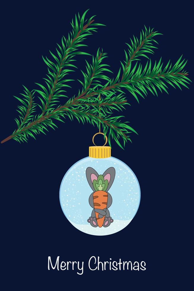 bellissimo Natale carta. un' Natale albero giocattolo con un' coniglio, il simbolo di 2023, si blocca su un' ramo vettore