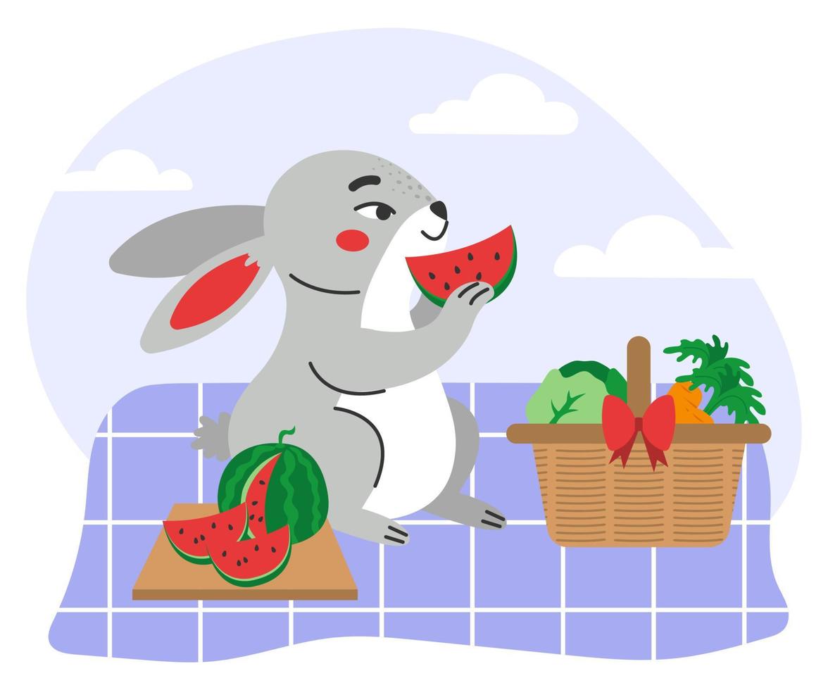 il lepre mangia un' anguria su un' picnic. piatto vettore illustrazione.
