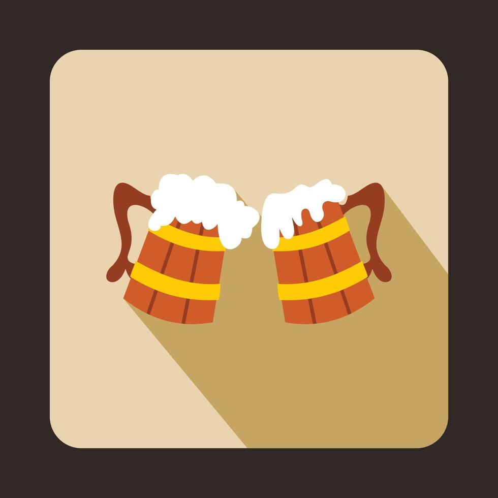 Due di legno tazze con birra icona, piatto stile vettore
