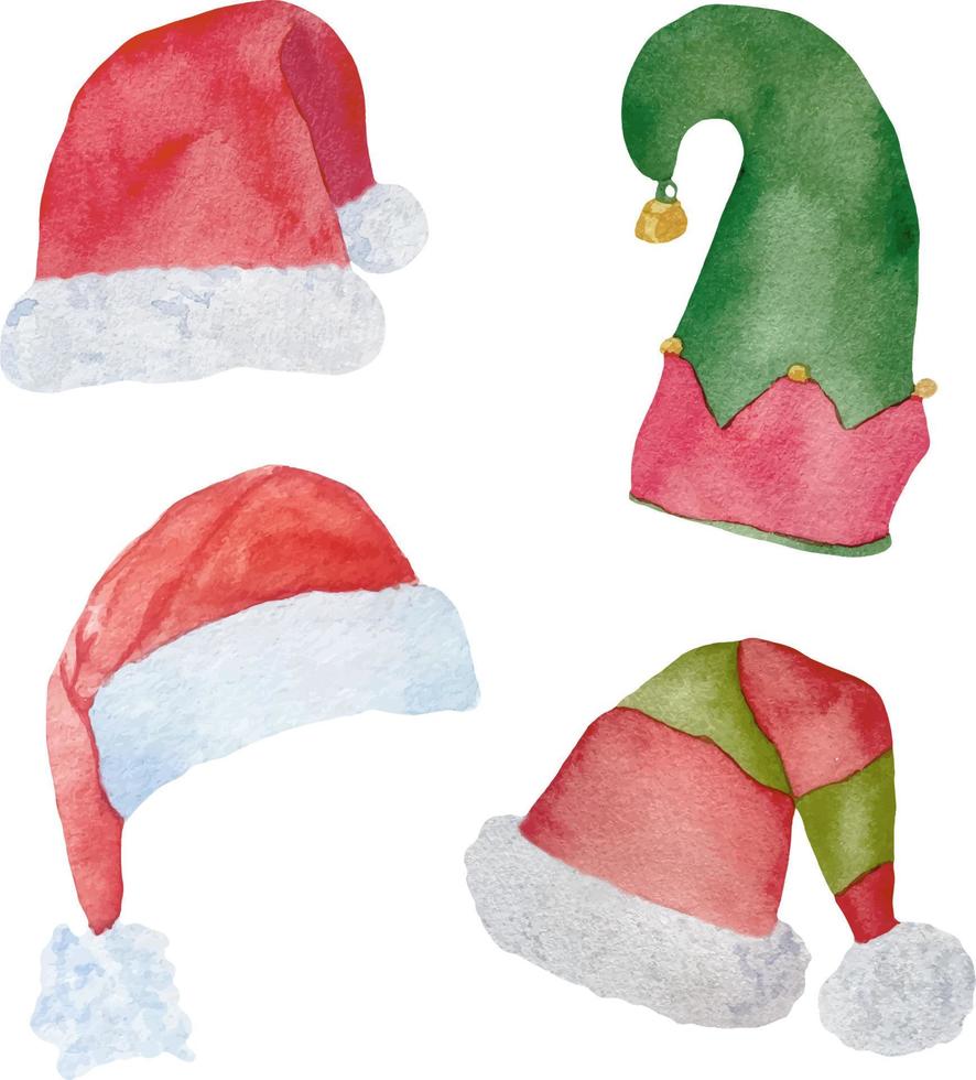 acquerello Santa Claus rosso e verde cappello isolato su bianca sfondo vettore