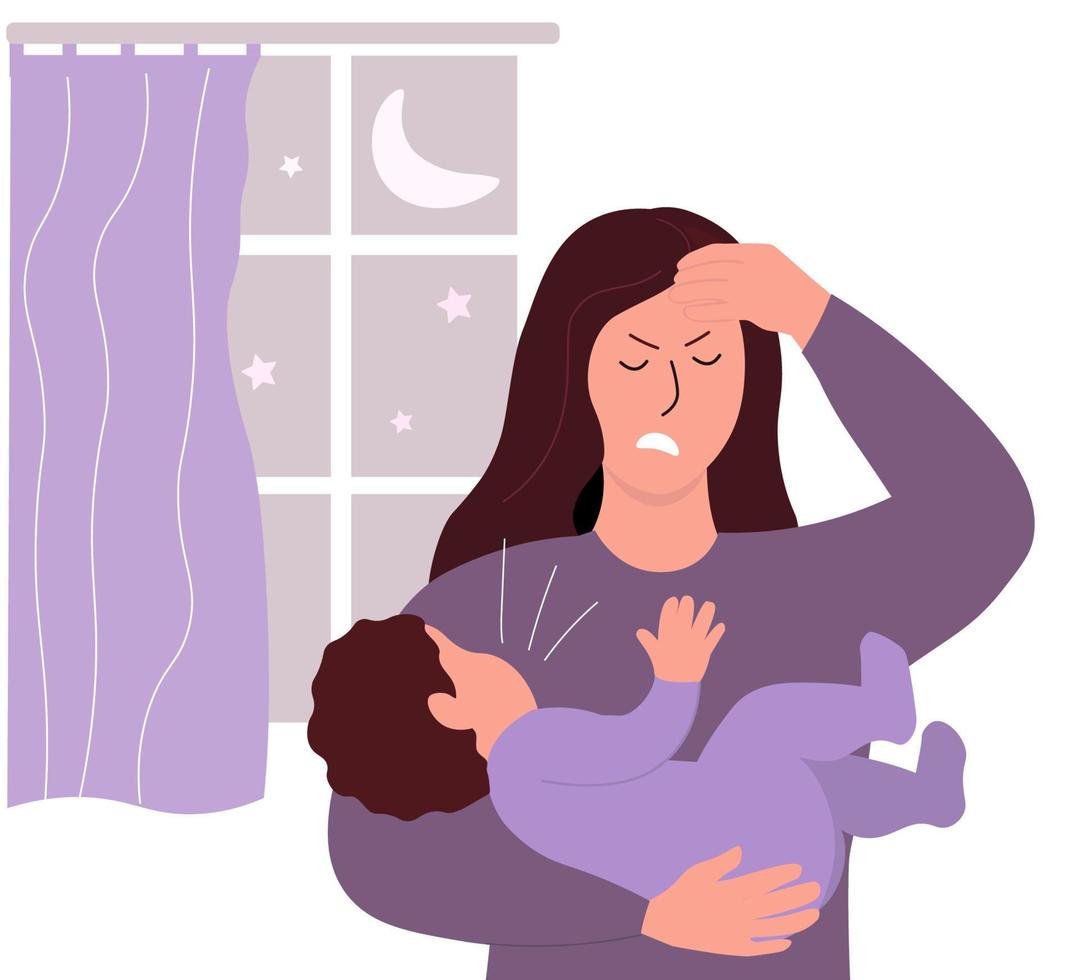 un' madre con un' bambino nel sua braccia. il bambino piange, fa non dormire a notte, il donna ha un' male alla testa, depressione, è difficile per suo. le difficoltà nel il famiglia. vettore grafica.