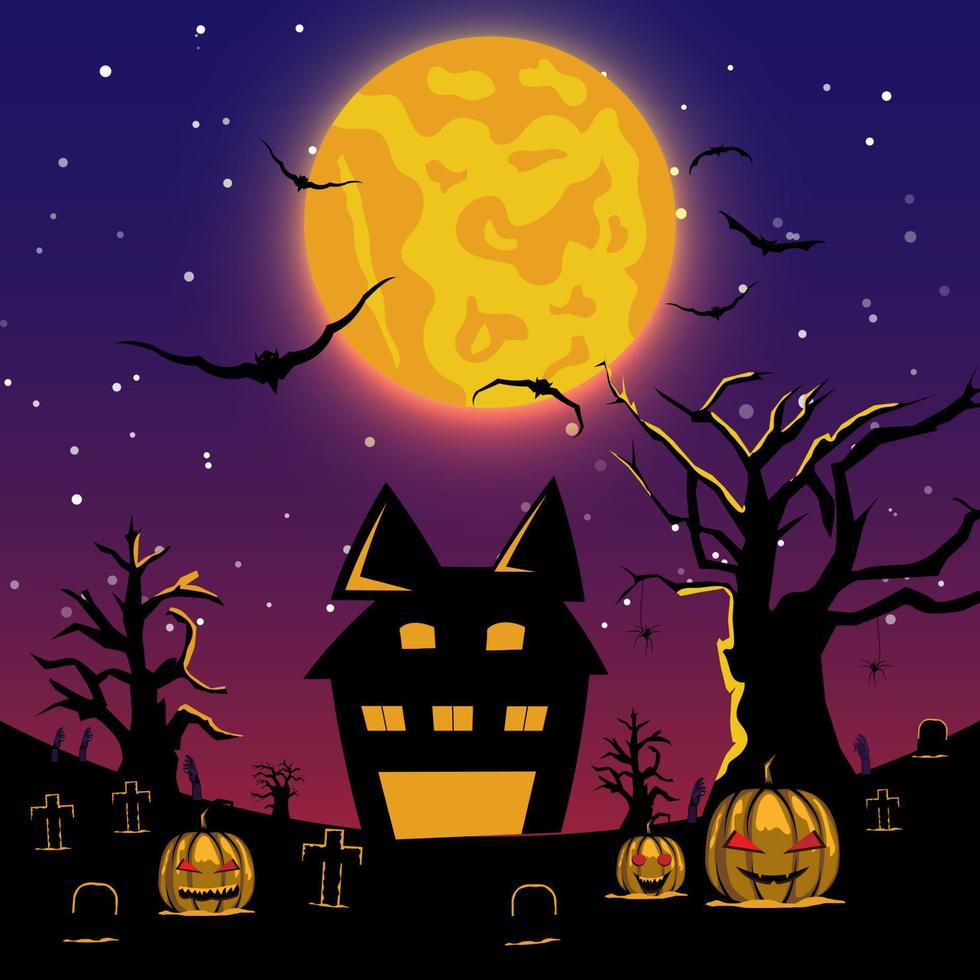 vettore illustrazione Halloween silhouette con elementi alberi, pieno lune, castelli, zucche, funerali, pipistrelli.