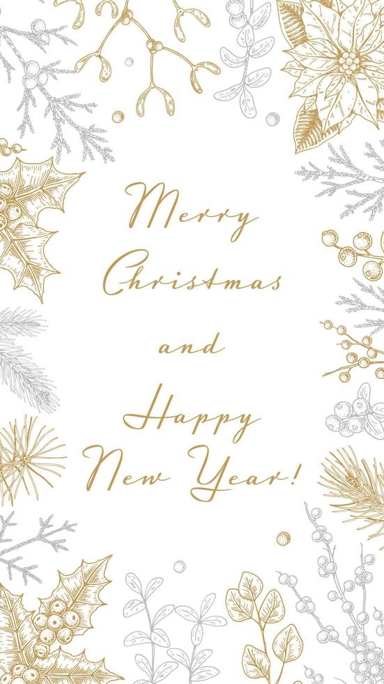 allegro Natale e contento nuovo anno verticale saluto carta con mano disegnato d'oro botanica elementi. vettore illustrazione nel schizzo stile. festivo sfondo. sociale media storie modello