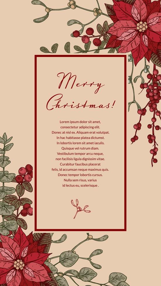 allegro Natale e contento nuovo anno verticale saluto carta con mano disegnato poinsettia fiore e vischio brunch. sociale media storie modello. vettore illustrazione nel schizzo stile