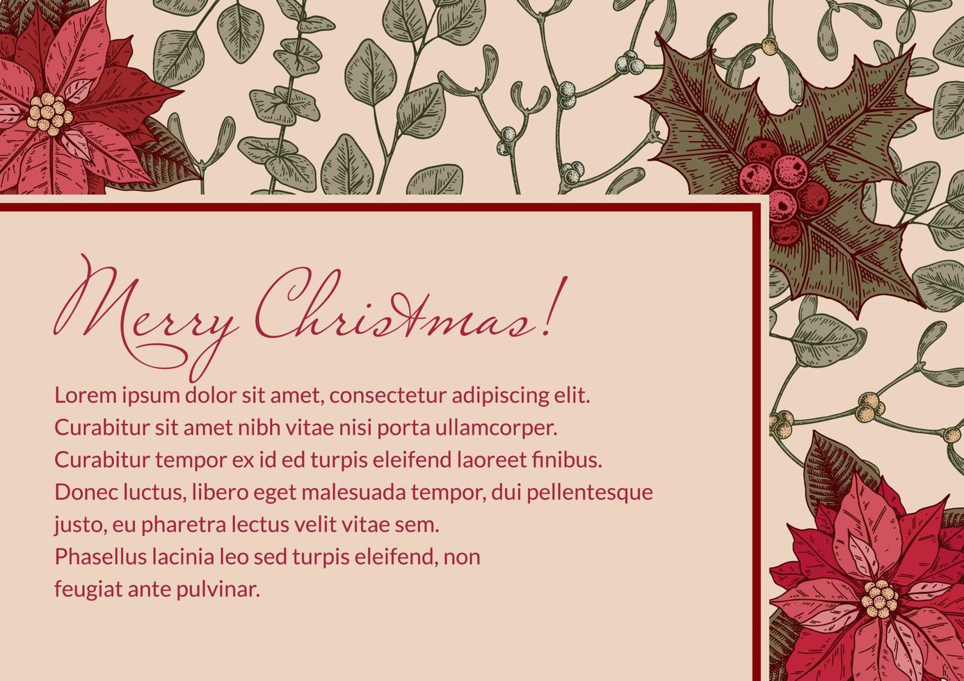 allegro Natale e contento nuovo anno orizzontale saluto carta con mano disegnato poinsettia fiori e vischio brunch. festivo colorato sfondo. vettore illustrazione nel schizzo stile